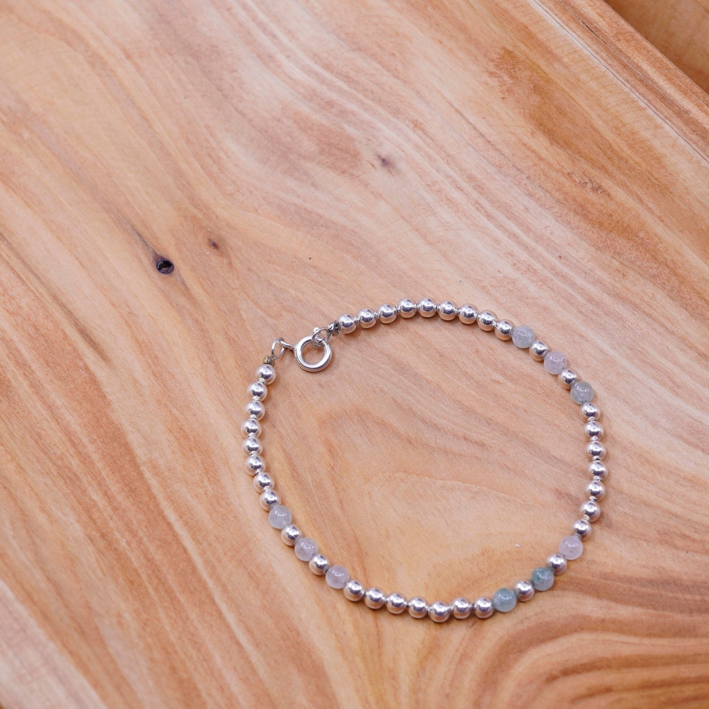 7.5”, Vintage Sterling silver handmade bracelet, 925 beads with jade