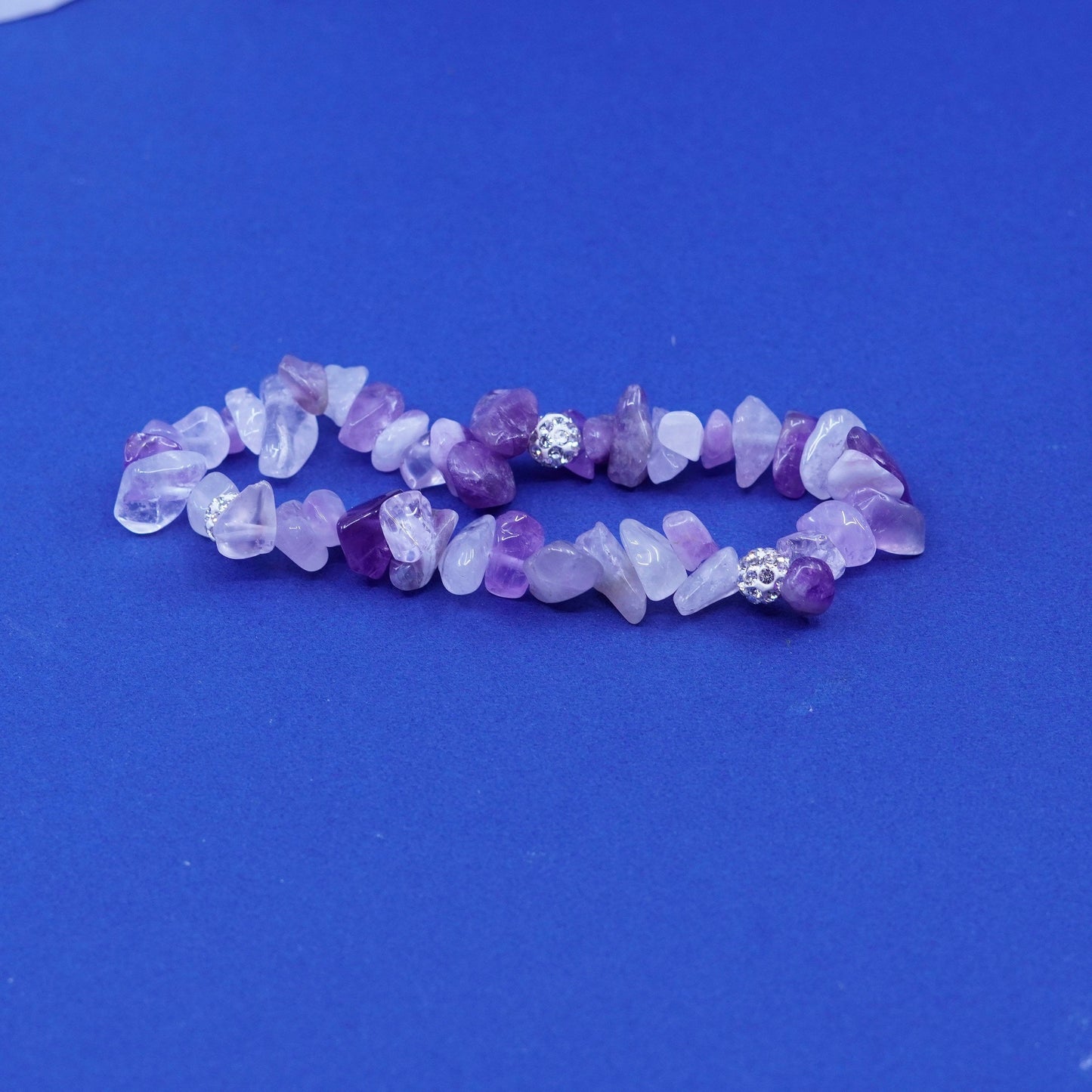 6.75”, Vintage handmade bracelet, elastic band with rose quartz and Cz beads