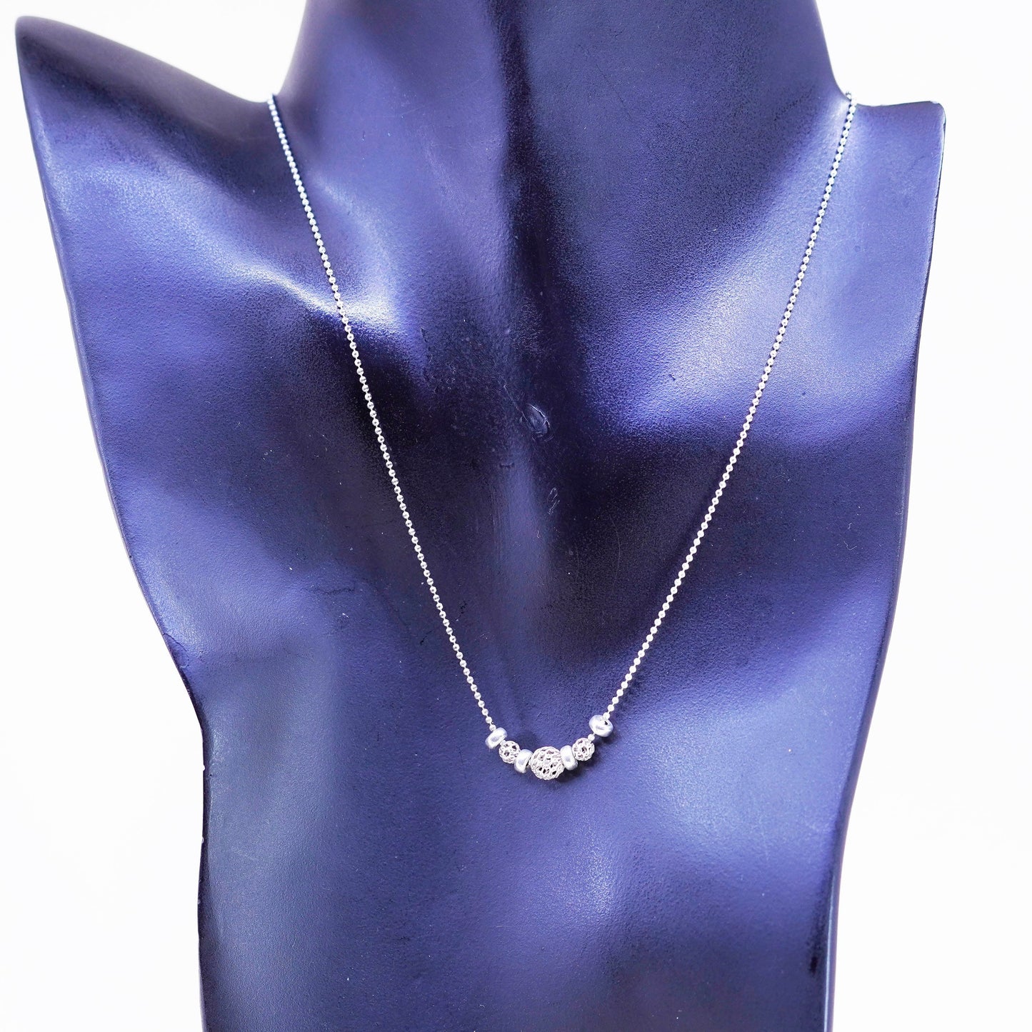 16”, vtg sterling 925 silver handmade bead chain necklace with filigree beads