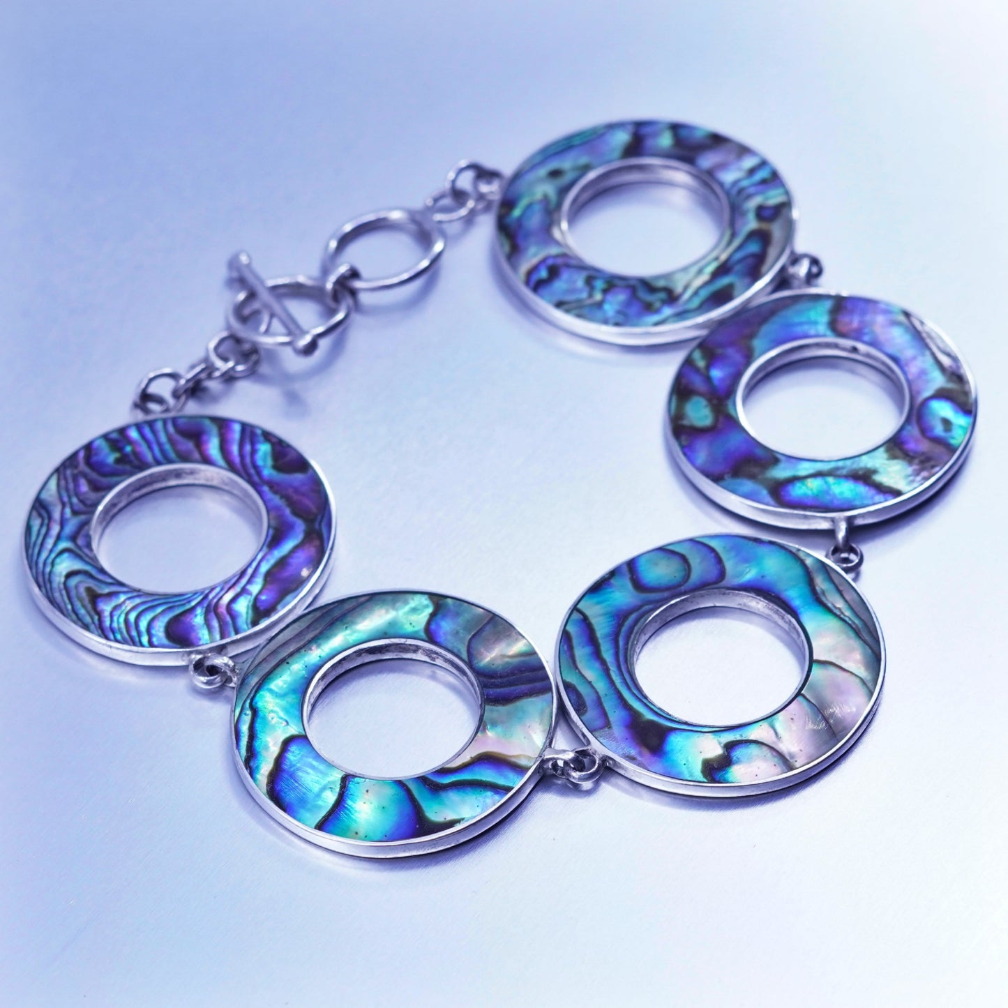 7.5”, Italy Sterling 925 silver handmade bracelet, modern abalone circle chain