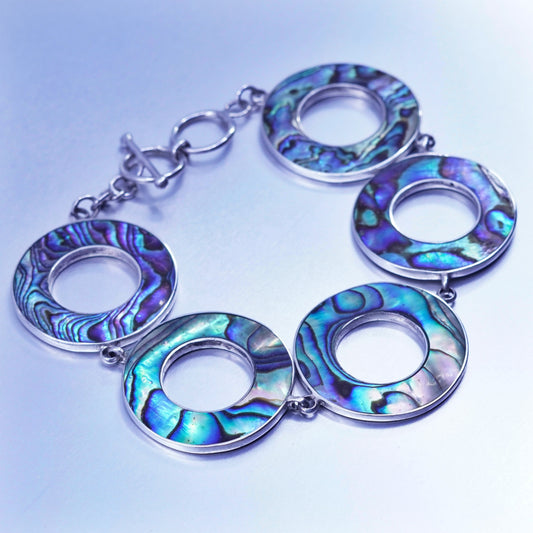7.5”, Italy Sterling 925 silver handmade bracelet, modern abalone circle chain