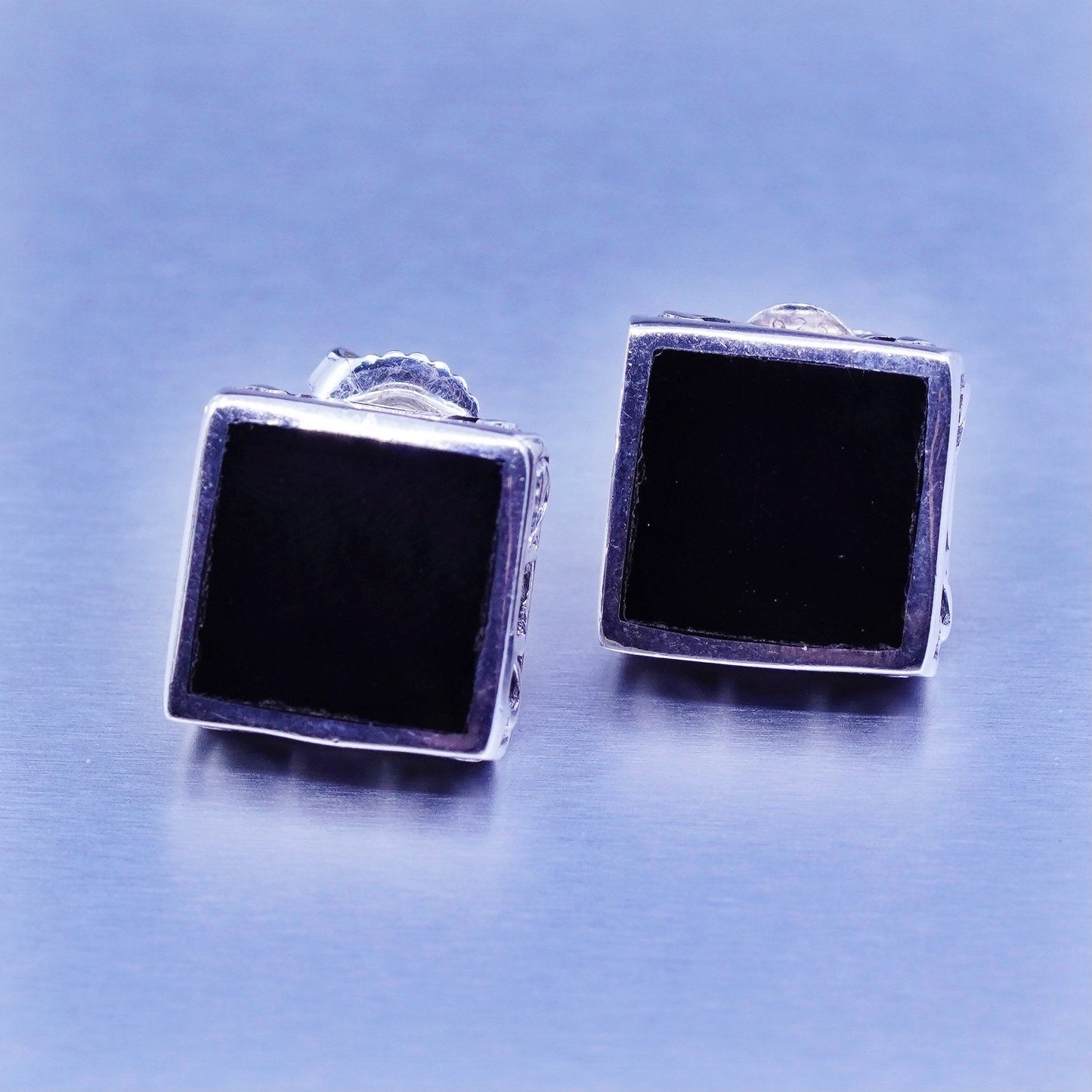 Sterling 925 silver handmade earrings, filigree textured square studs onyx