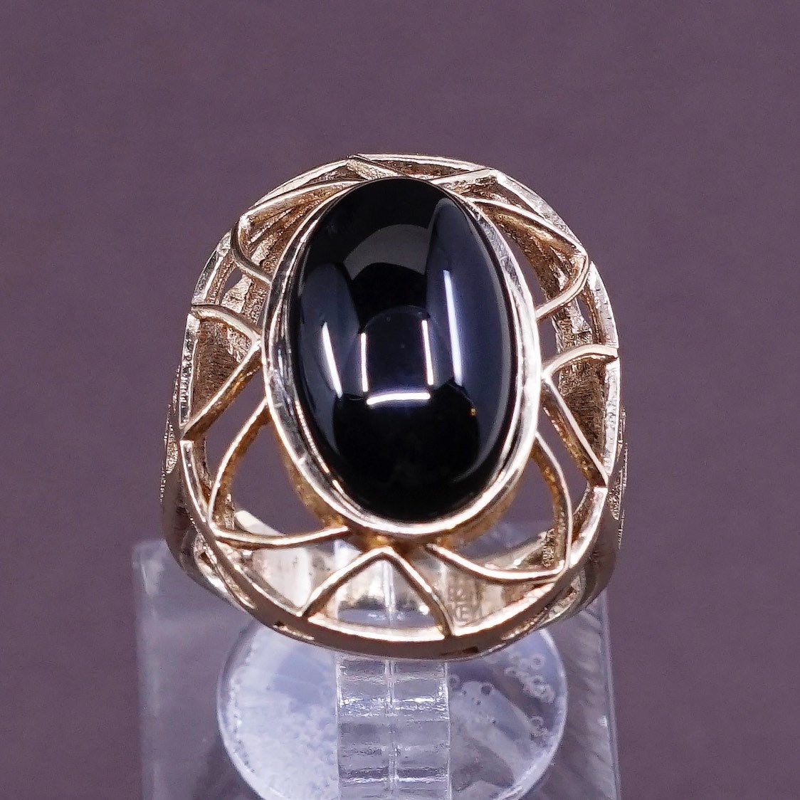 sz 6, vermeil gold over Sterling silver handmade ring, modern 925 w/ obsidian
