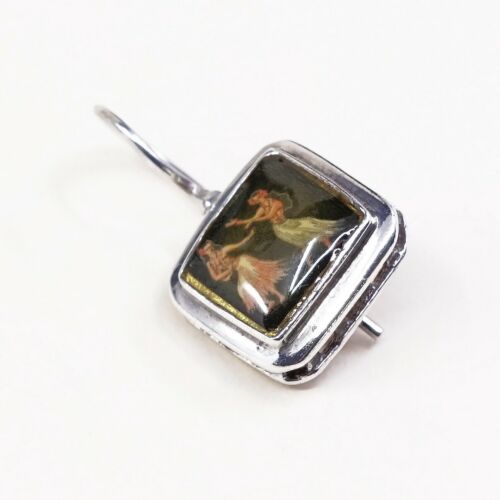 Vtg Sterling 925 Silver Handmade Earrings, solid 925 silver Resin Painting