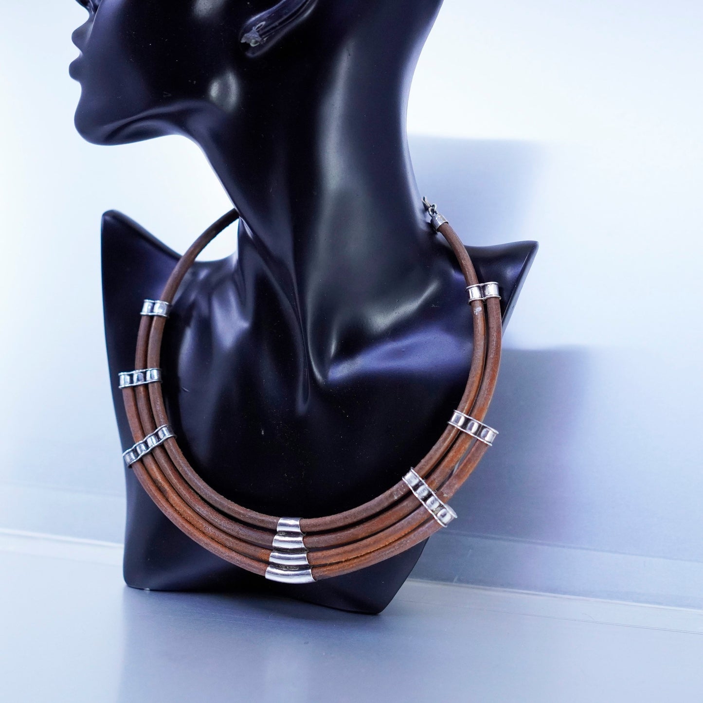 16”, Sterling Silver Multi Strand brown Leather Necklace Slide 925 Pendant
