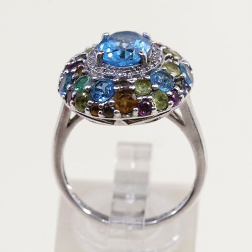 Sz 7.5, Vtg Sterling silver Engagement ring, 925 W/ Colorful Cluster Crystal