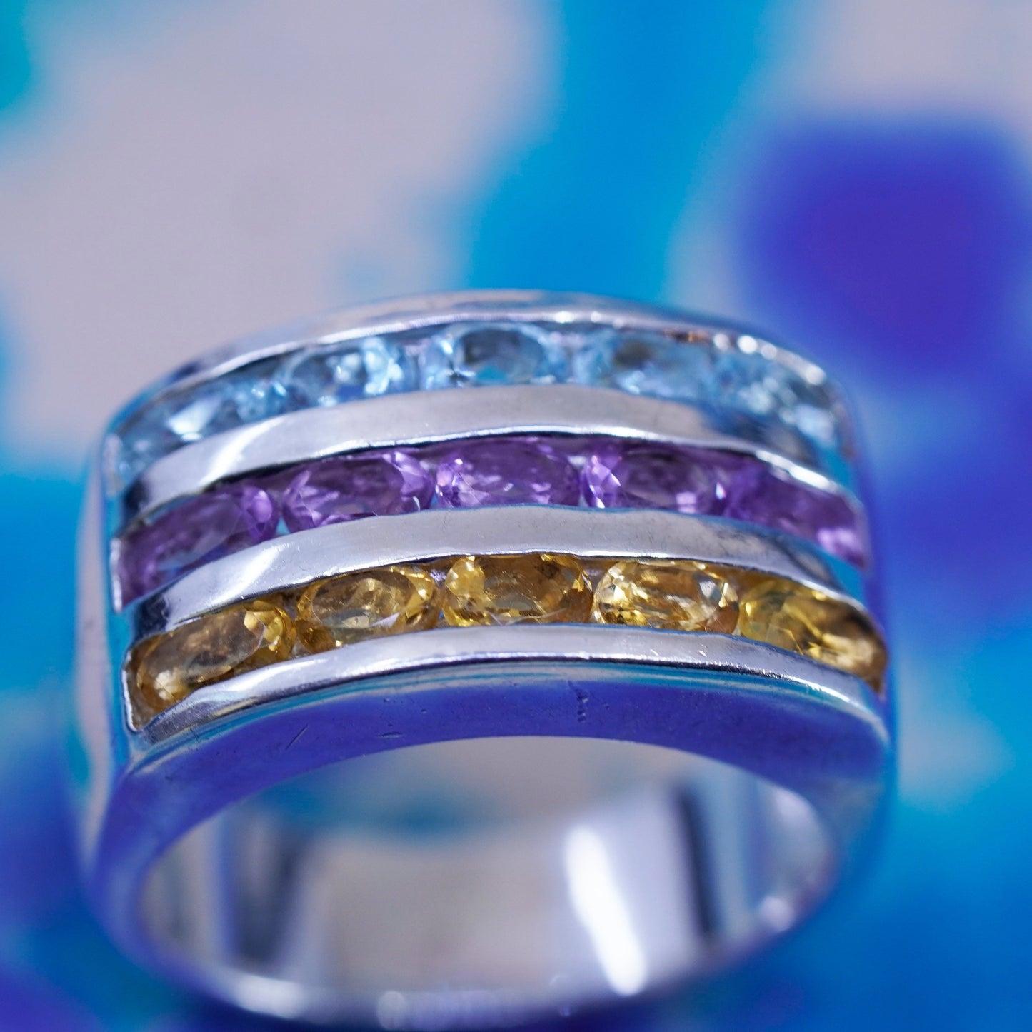 Size 8.5, vtg Sterling silver handmade ring, 925 band amethyst sapphire citrine