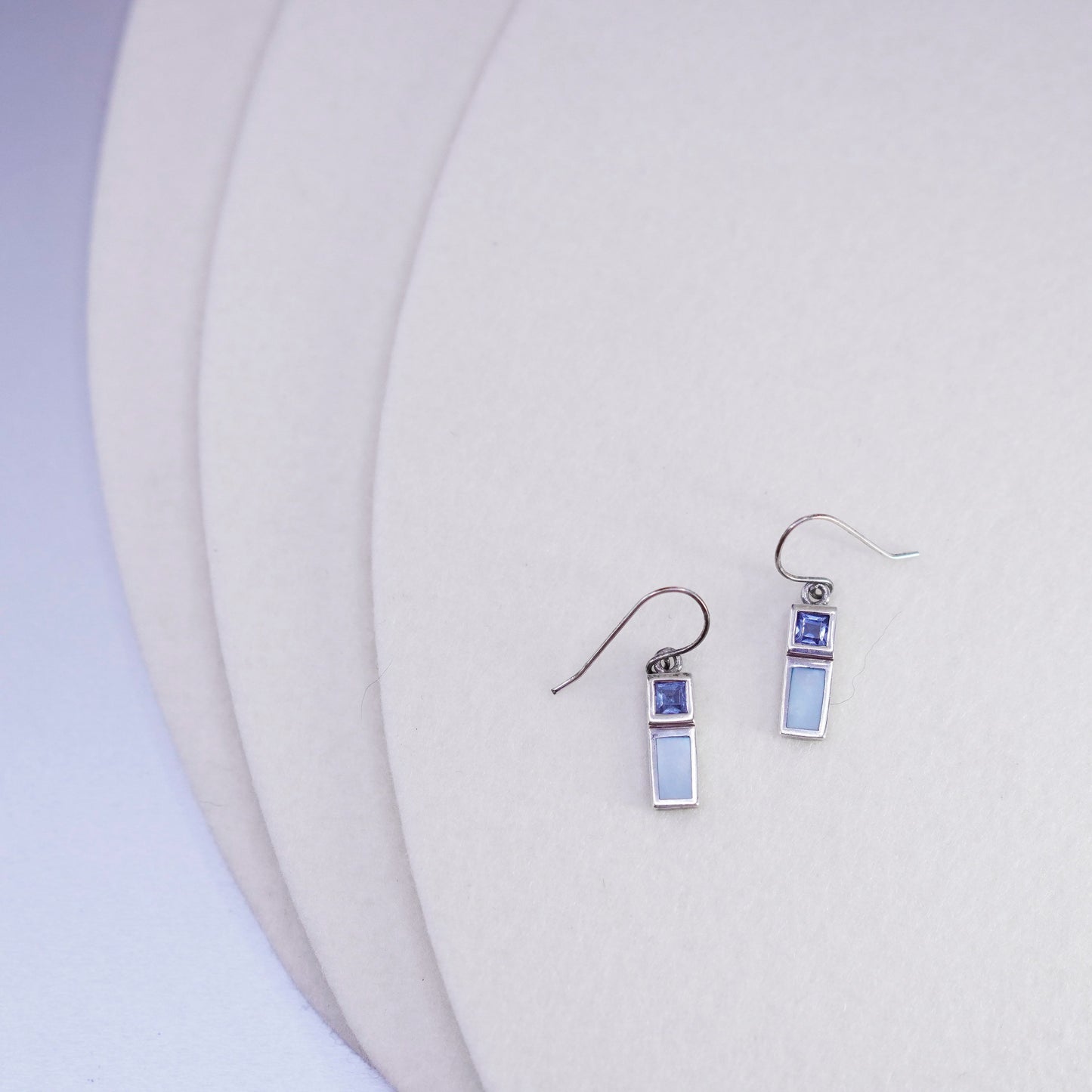 Vintage Sterling 925 silver handmade earrings with blue cz and mother of pearl