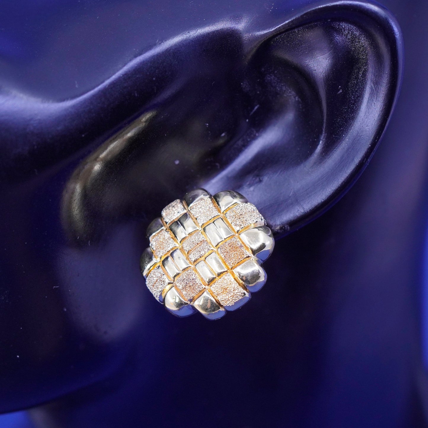 Italy vermeil gold sterling silver handmade earrings, matte 925 checker studs