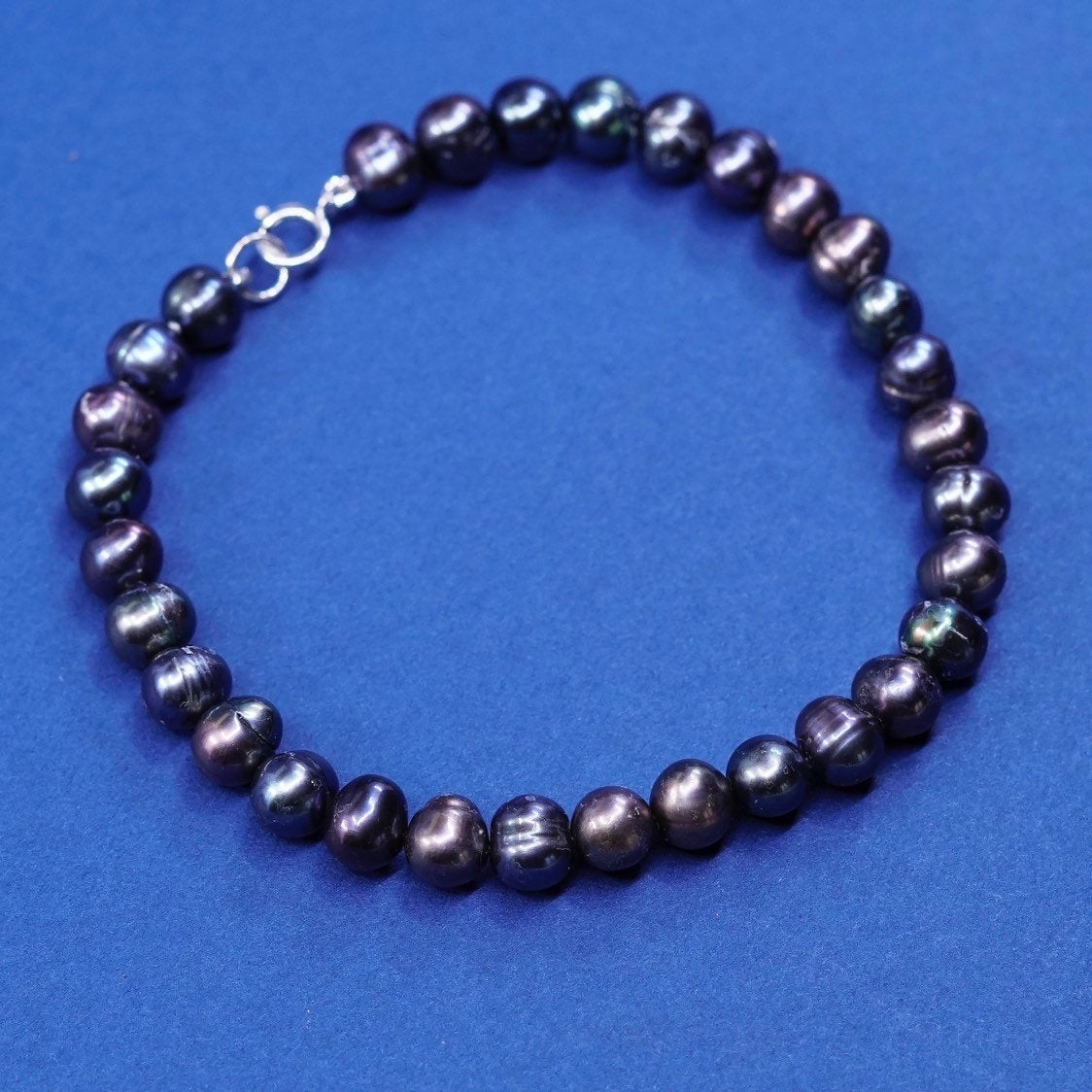 7", Sterling silver handmade bracelet, 925 clasp w/ black pearl beads