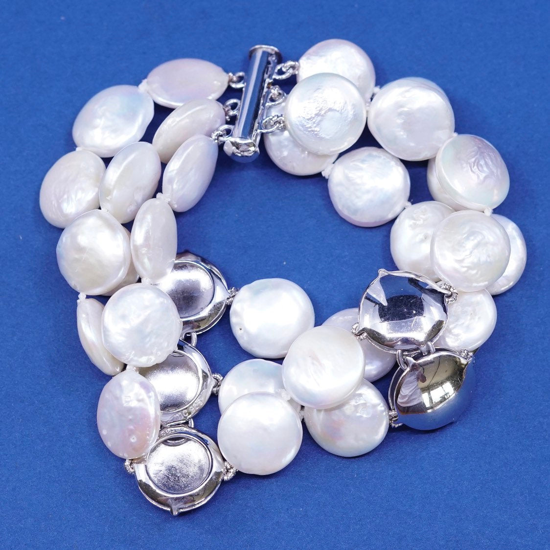 6.25" sterling silver handmade bracelet, flatten circle pearl beads N 925 discs