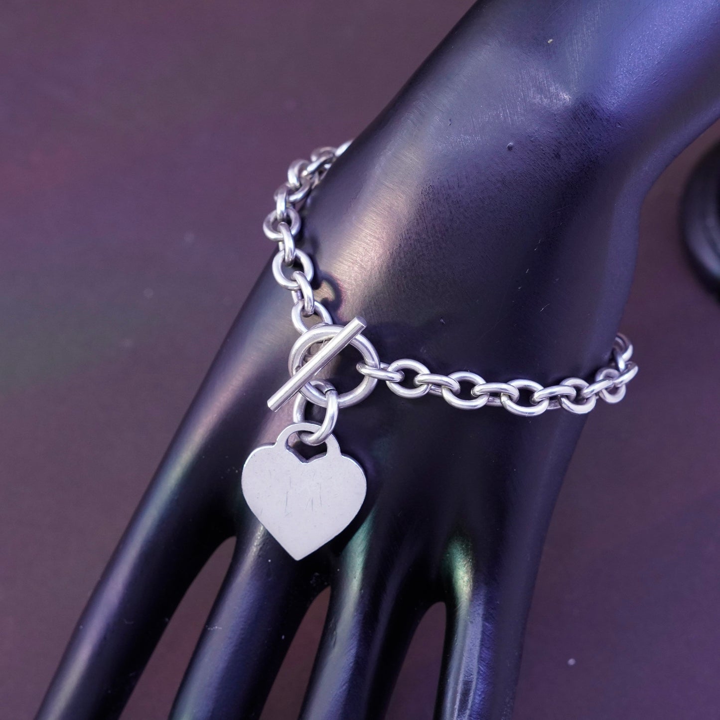 6.75”, Sterling silver handmade charm bracelet, 925 circle chain heart charm
