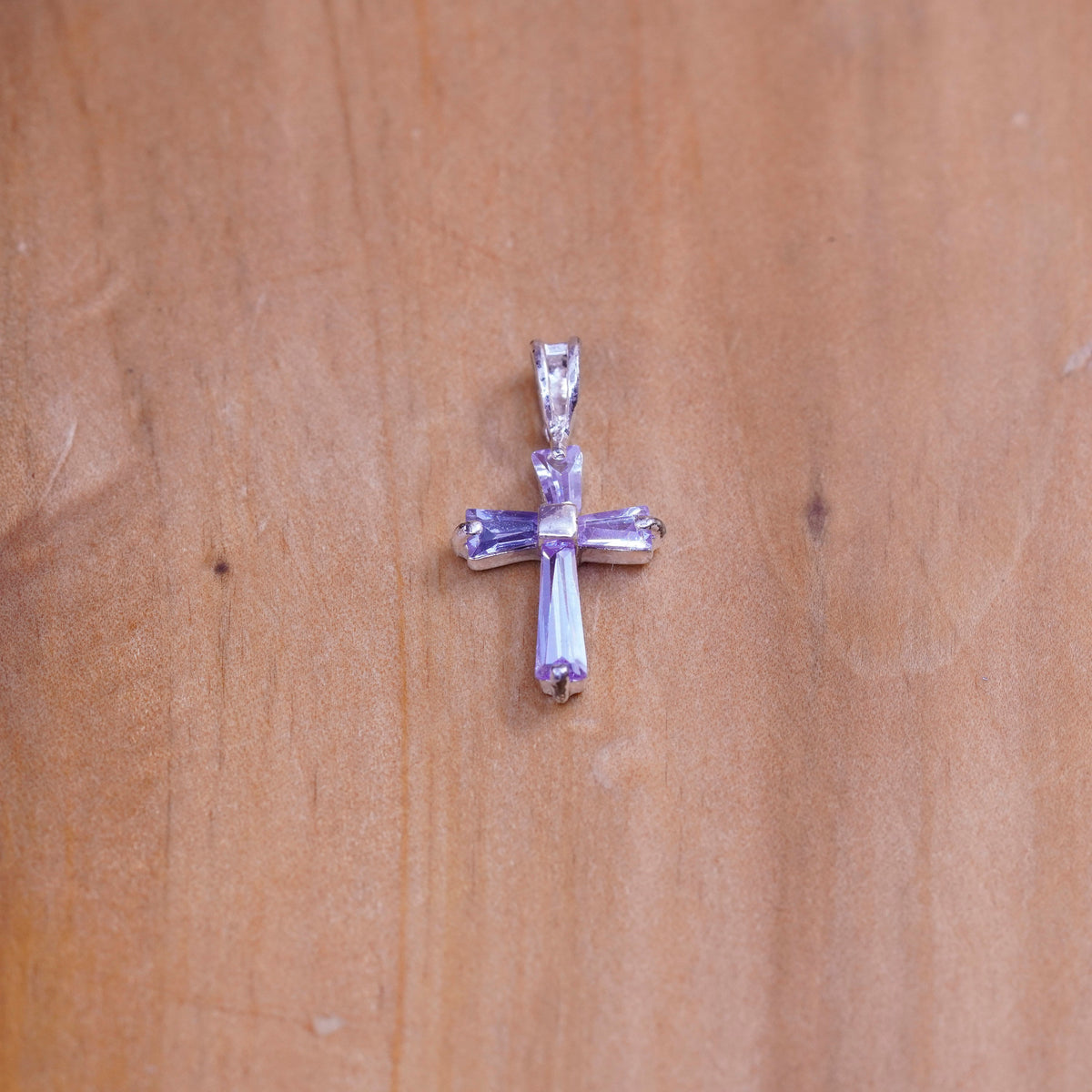Vintage Sterling silver handmade pendant, 925 cross with Violet Cz inlay