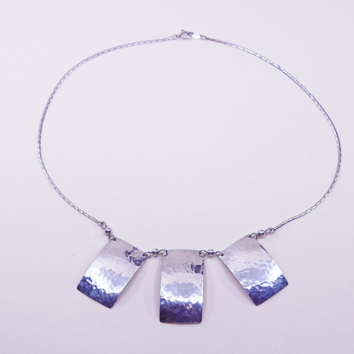18”, Sterling silver necklace, 925 snake chain hammered rectangular pendant