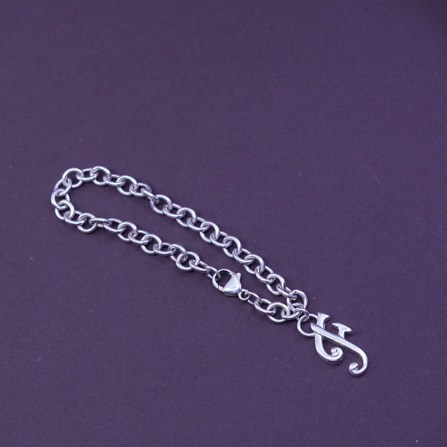 7”, Vintage sterling silver bracelet, 925 circle chain with initial letter “F”