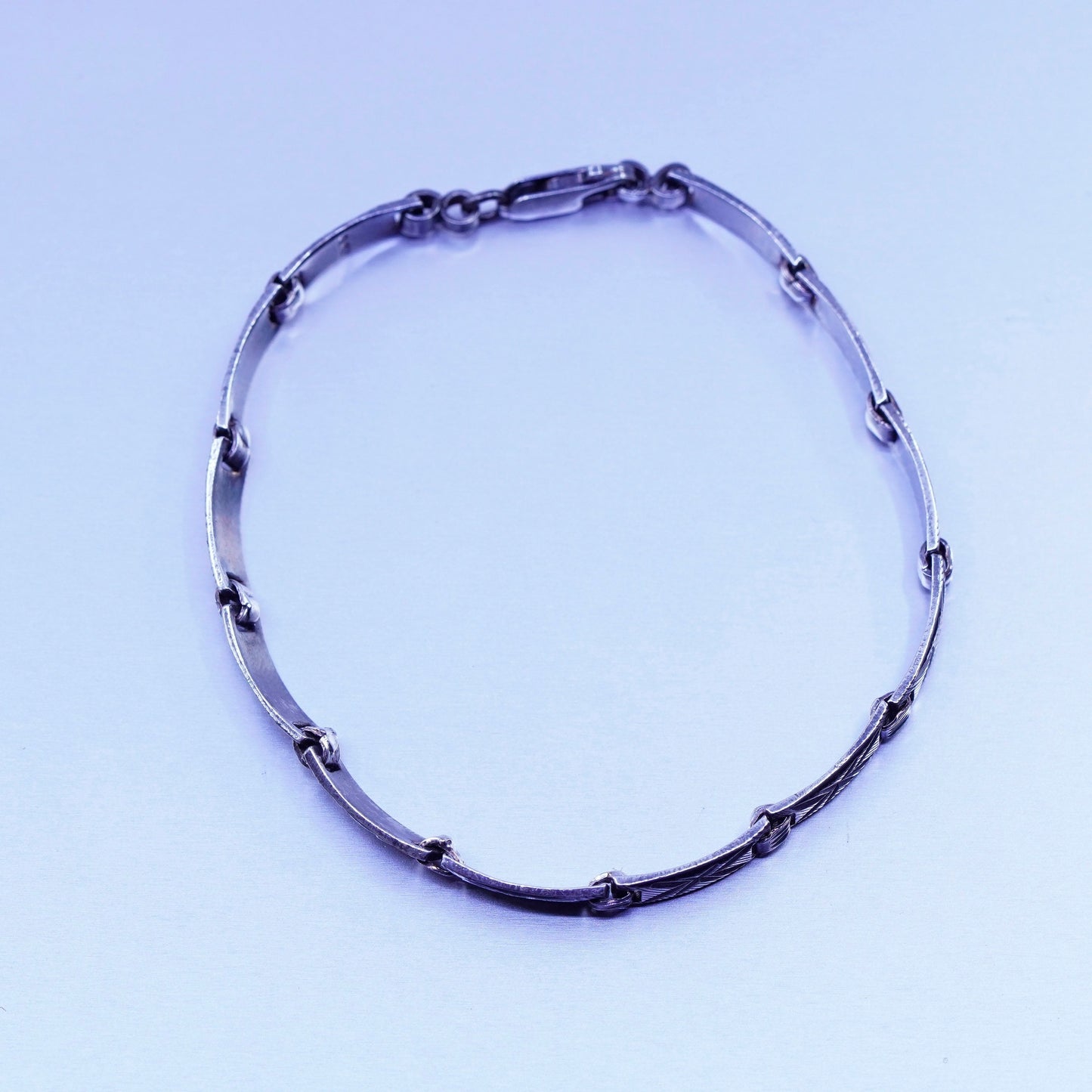 7”, vtg Italy Sterling 925 silver handmade bracelet, textured rectangular chain