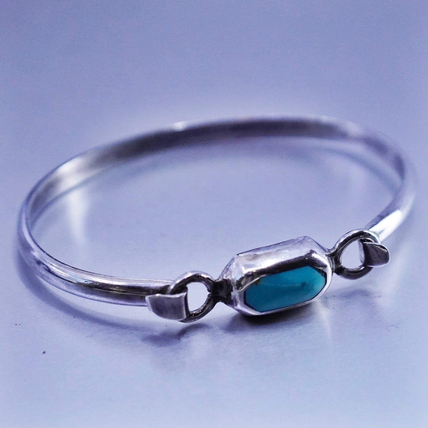 7”, Mexico Sterling 925 silver handmade bracelet, hinged bangle with turquoise