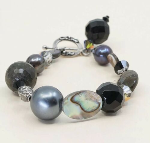 6.5”, Vtg Sterling Silver Handmade bracelet With Gray Pearl N Ceystal Beads