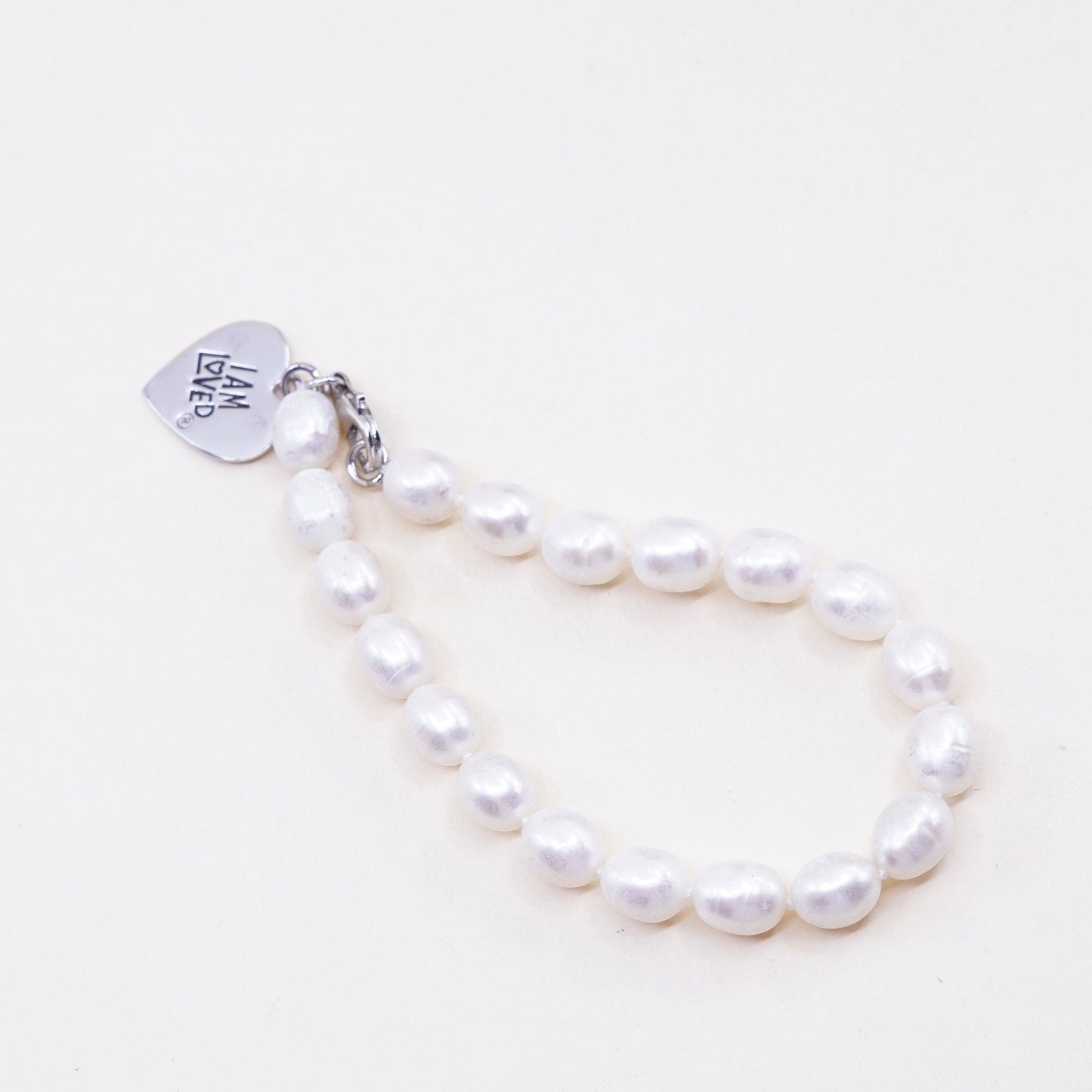 7”, vtg sterling silver bracelet, pearl beads with 925 heart charm “I am loved