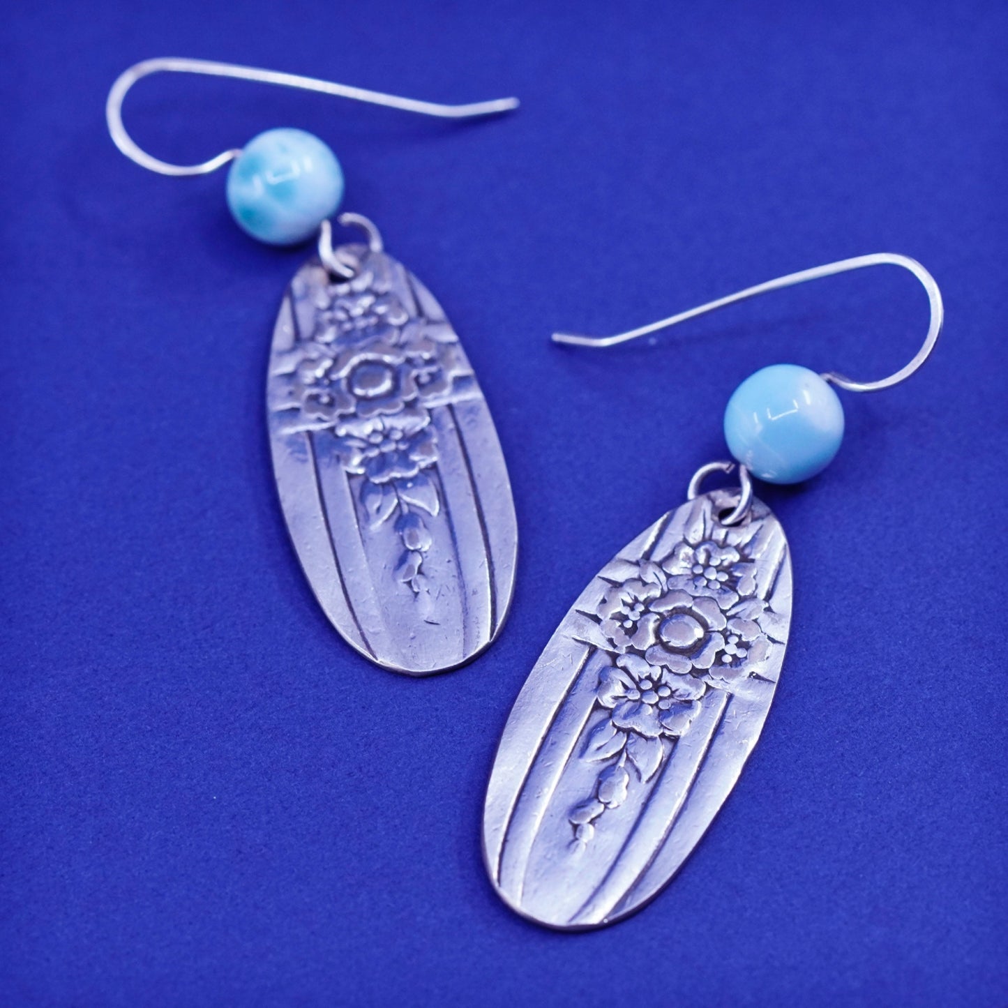 Vintage Sterling 925 silver handmade earrings with flatten spoon drops larimar