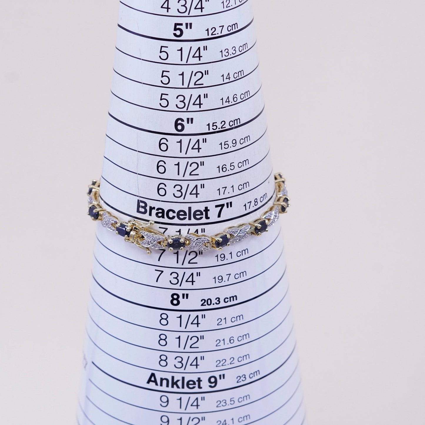 7”, Vermeil gold over sterling 925 silver tennis bracelet w/ sapphire N diamond