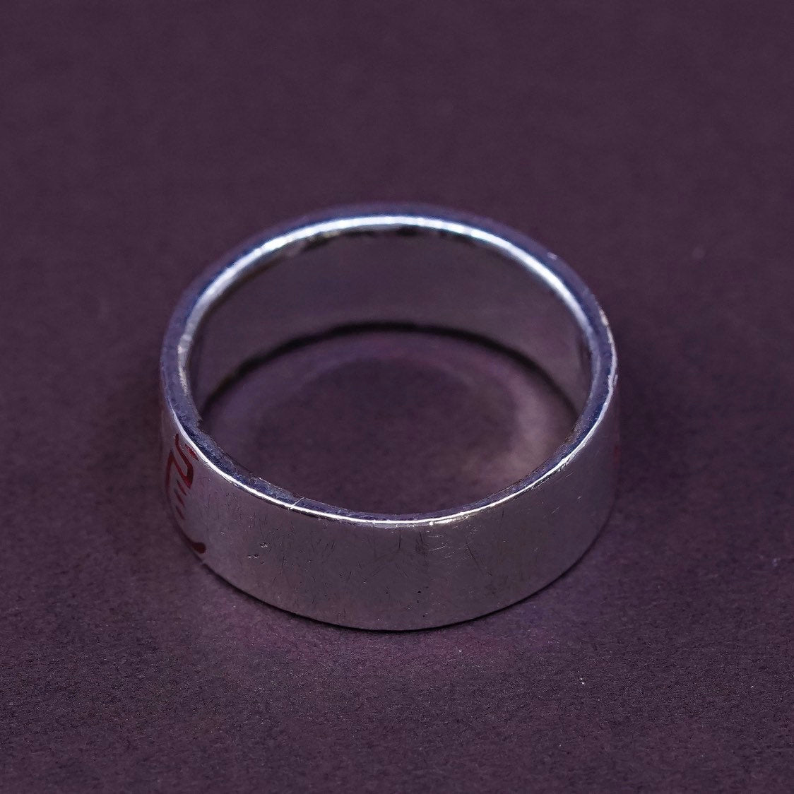 sz 10, vtg Sterling silver ring, 925 wide band w/ Chinese character “dragon”