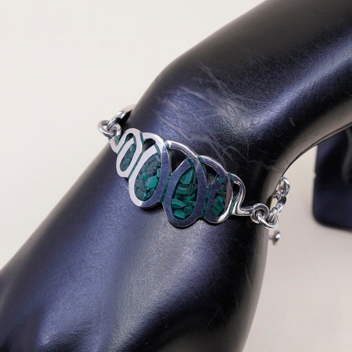 7.5", VTG mexico Sterling silver Handmade bracelet, Mexico 925 w/ malachite