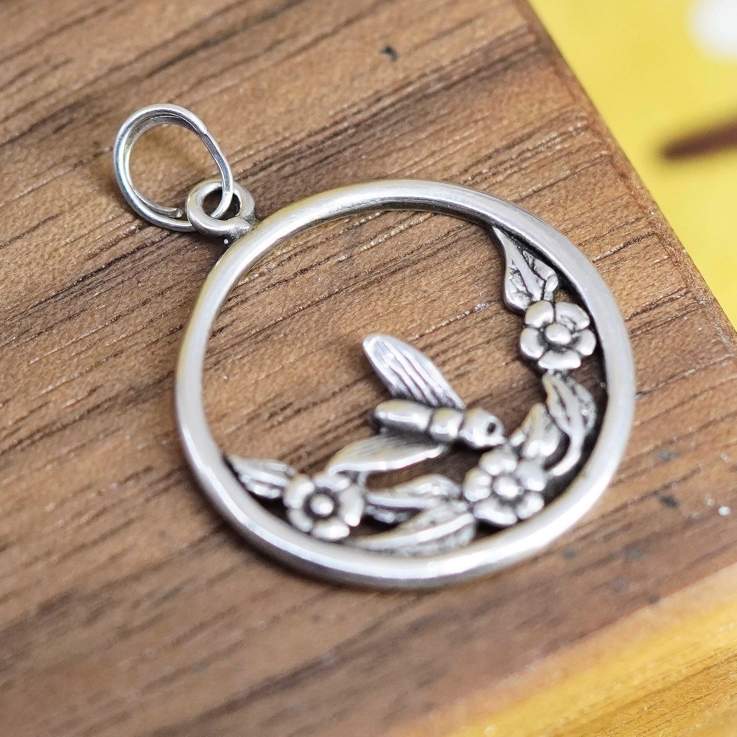 Vintage Sterling silver handmade pendant, 925 bee flower charm