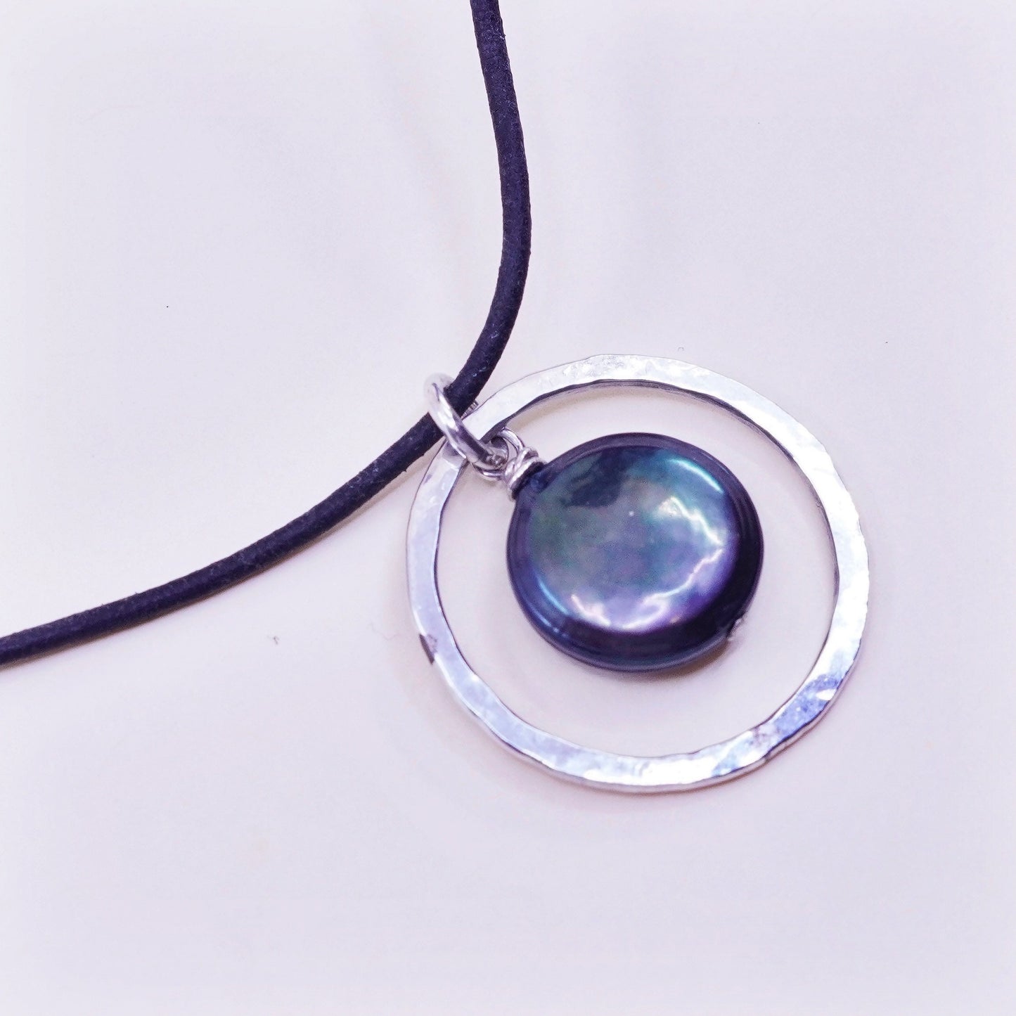 16”, sterling silver handmade necklace, 925 circle pearl pendant leather thread