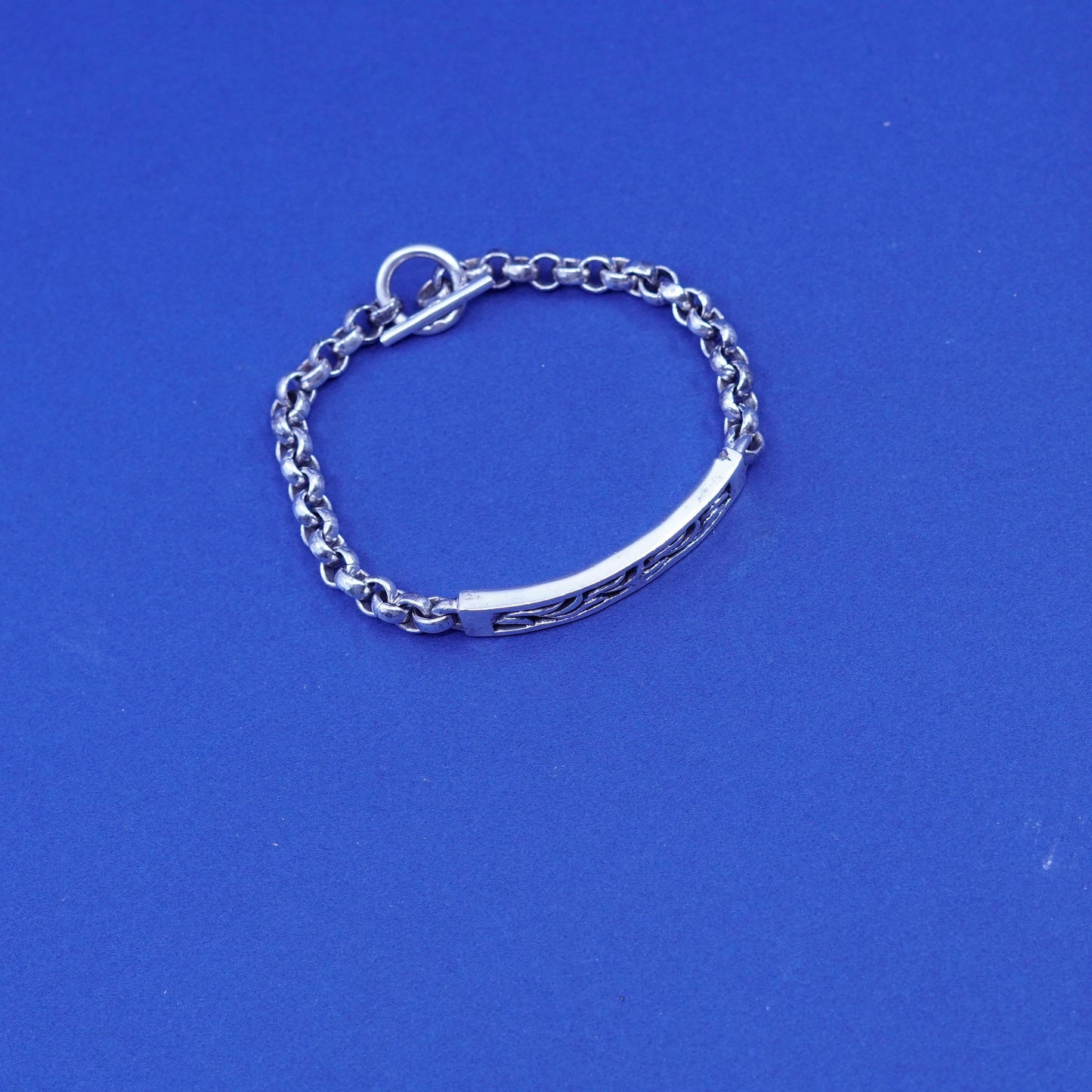 6.5”, 5mm, vintage handmade Sterling silver bracelet, circle chain with bar tag