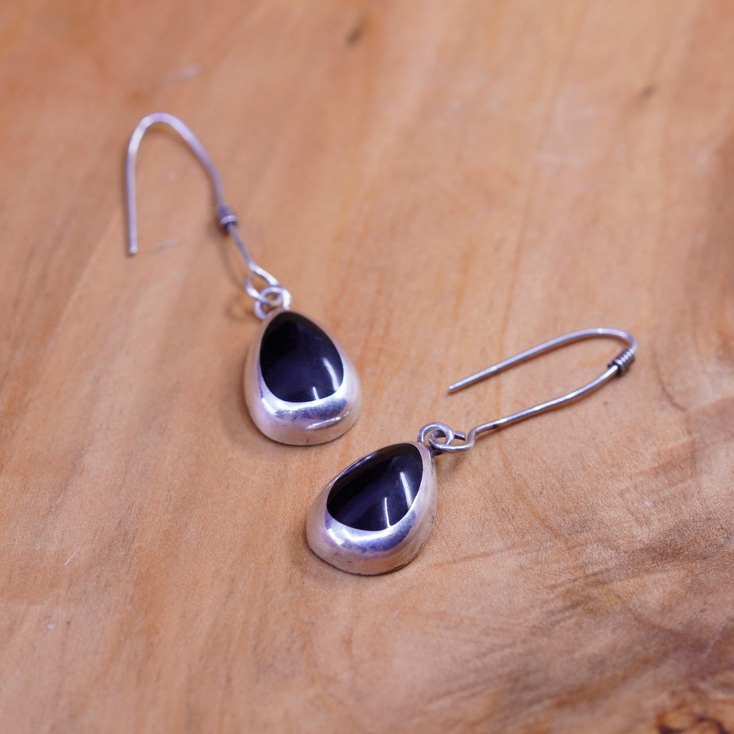 Vintage Sterling 925 silver handmade earrings with teardrop obsidian inlay