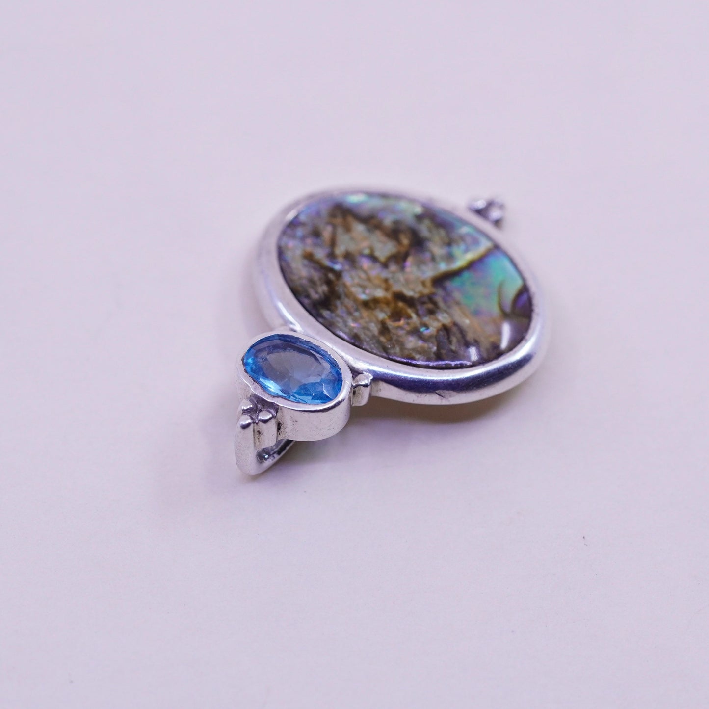 Vintage sterling 925 silver handmade pendant with abalone and topaz