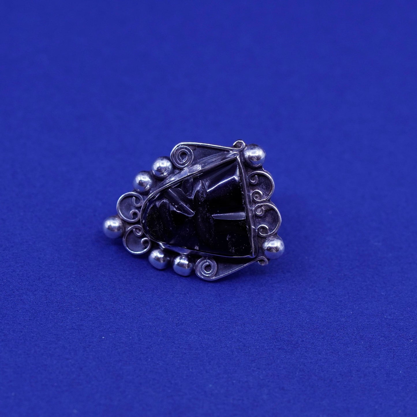vtg Mexico Sterling silver handmade earrings, 925 screw back warrior face onyx