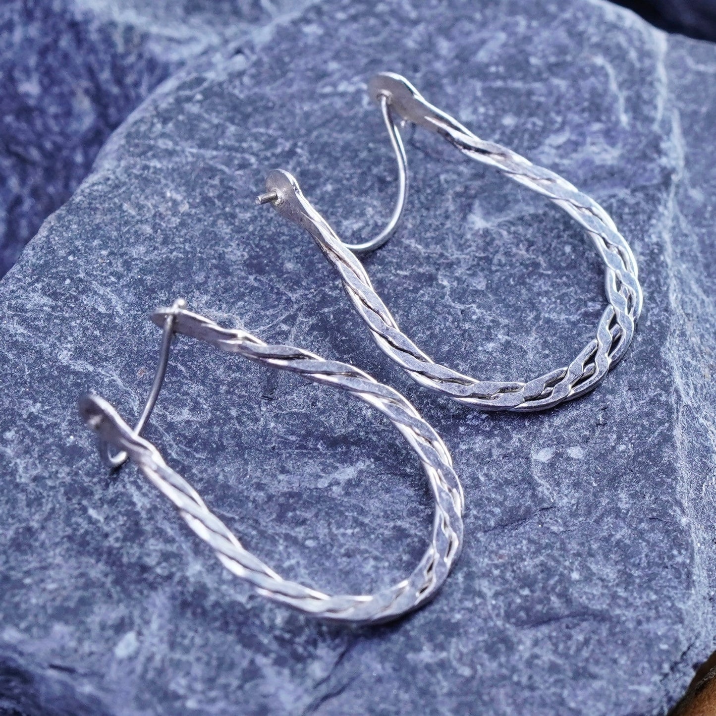 1”, vintage Sterling silver handmade oval hoop earrings, twisted 925 huggie