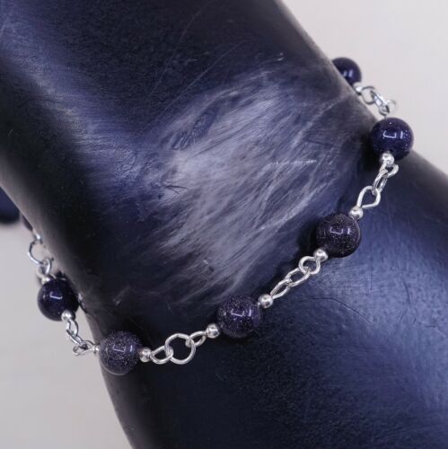 8”, Vtg Sterling 925 Silver Handmade Bead Bracelet, Purple Goldstone beads