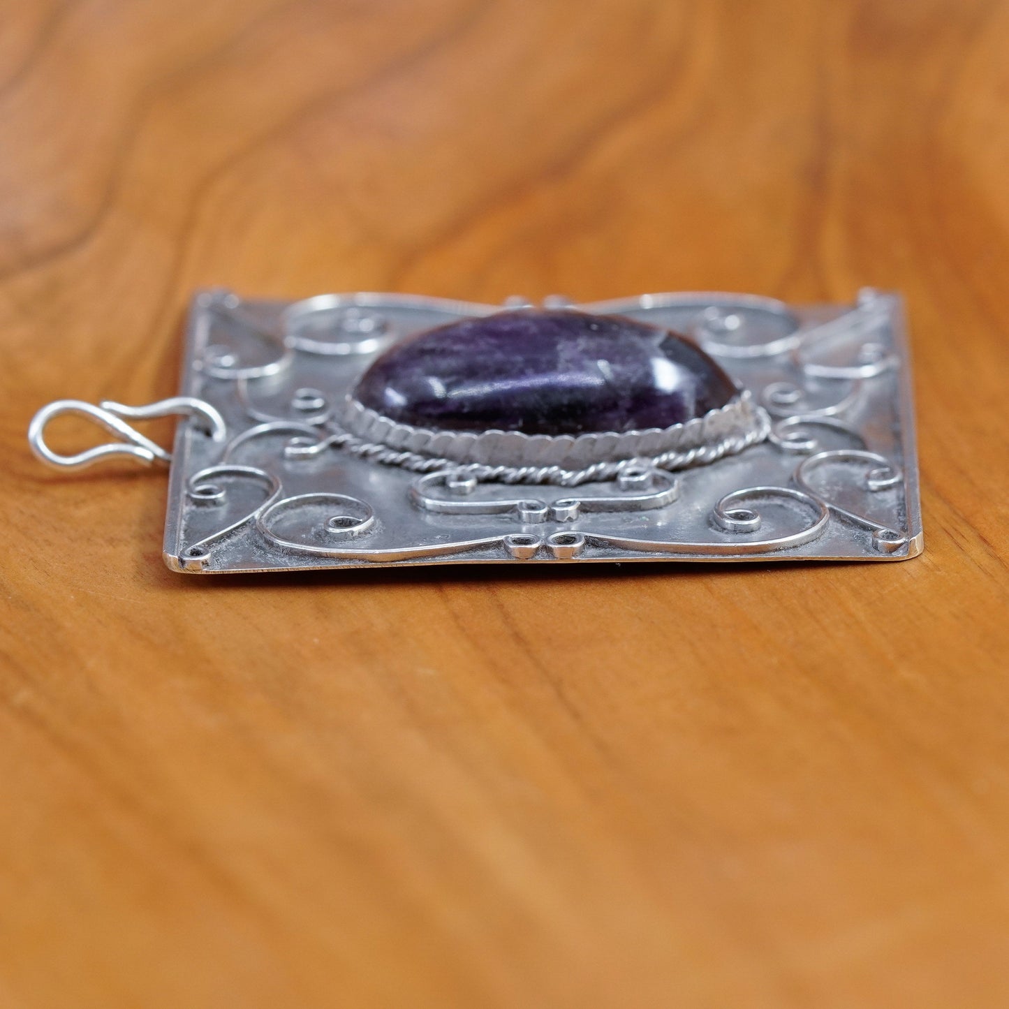 Vintage taxco Sterling silver handmade pendant, 980 charm oval amethyst cable