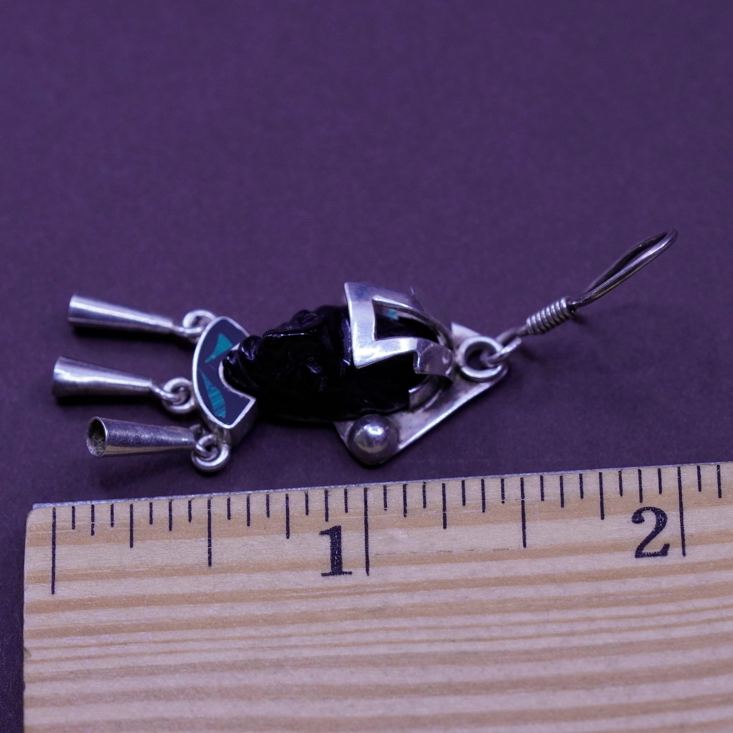 Vintage Sterling 925 silver handmade earrings worrier obsidian teardrop dangles