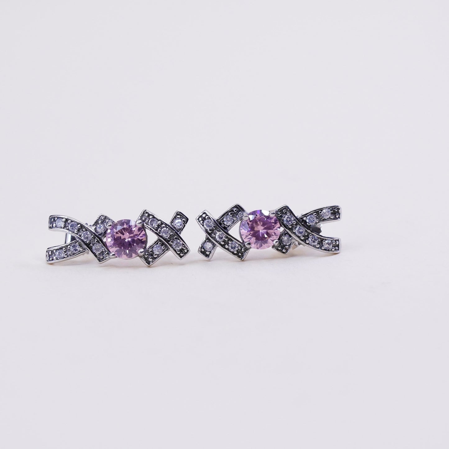 Vintage sterling silver handmade earrings, 925 XOX studs with and pink Cz