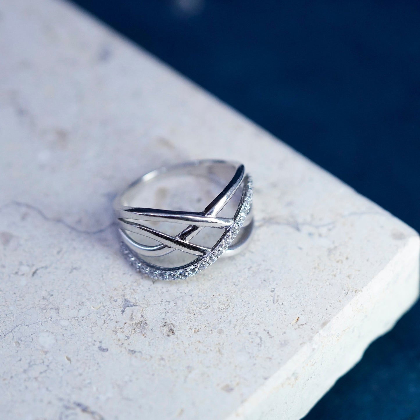 Size 7.25, vintage Sterling silver handmade ring, 925 wavy band with cz