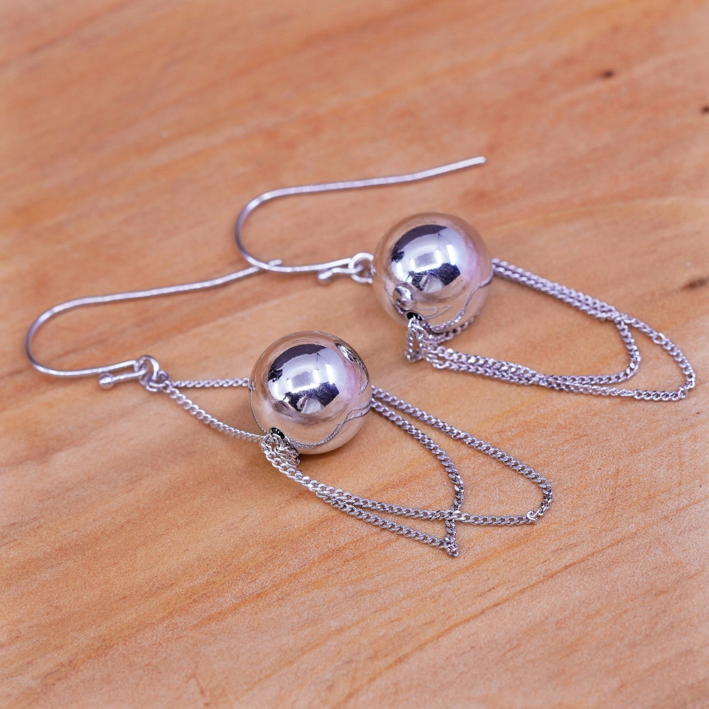 12mm, vtg PAJ Sterling silver handmade earrings, 925 beads drops with fringe