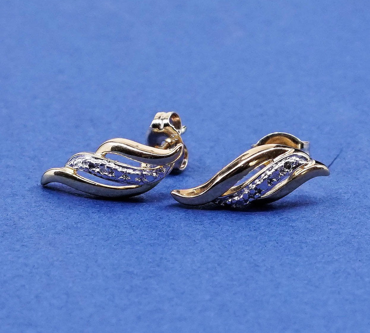 gold over Sterling silver earrings, 925 wavy studs, stamped 925