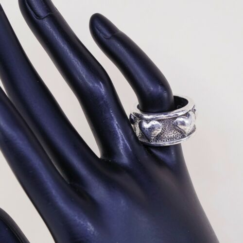 Sz 8, Vtg Exex Sterling Silver Handmade Ring, 925 Silver Band W/ Heart Embossed