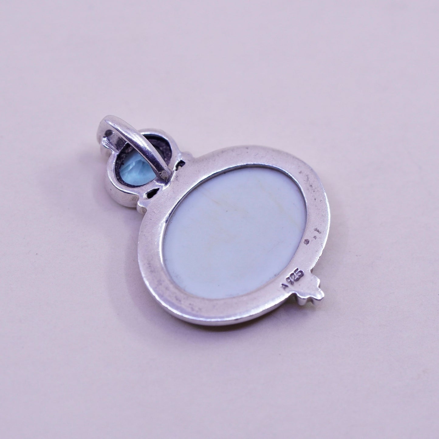 Vintage sterling 925 silver handmade pendant with abalone and topaz