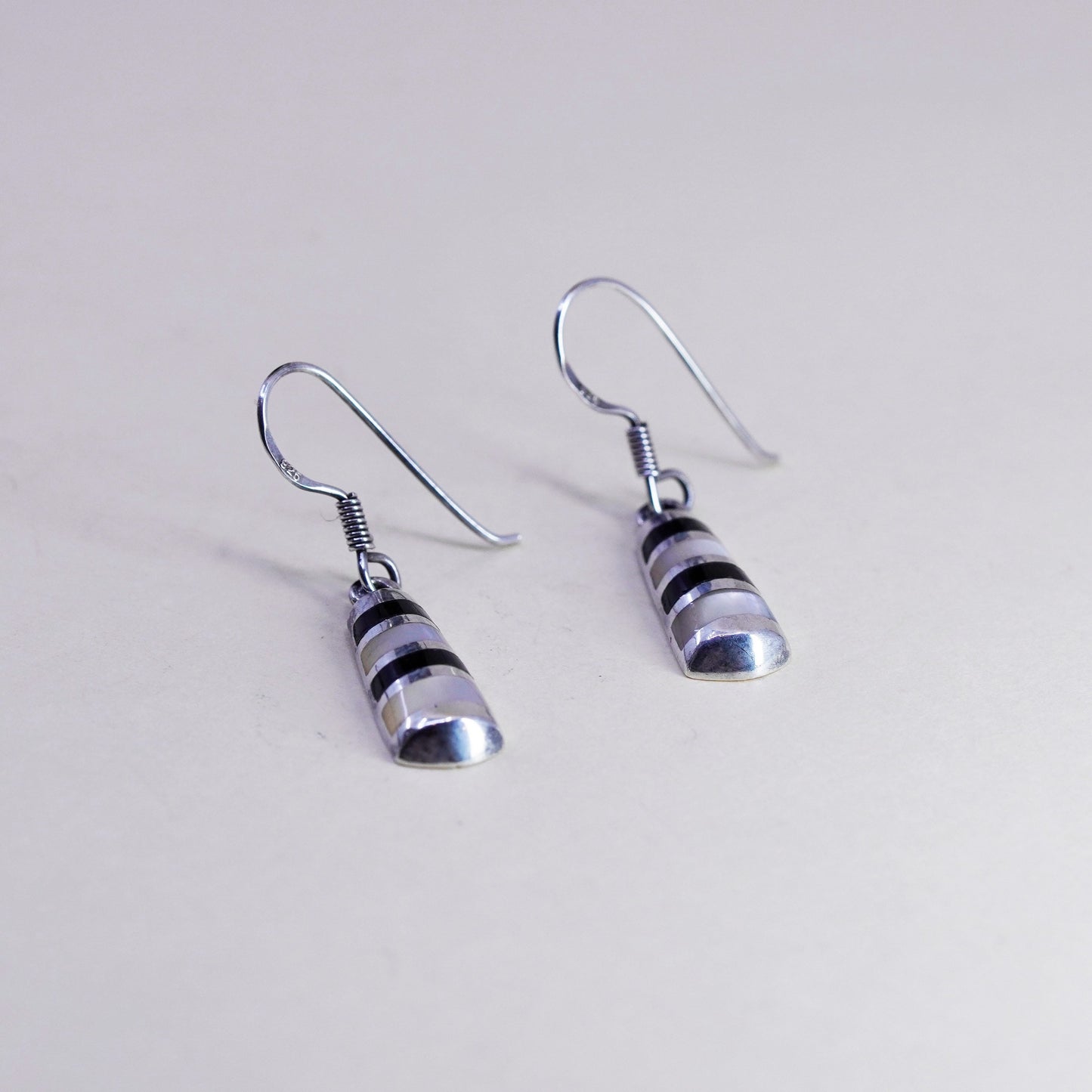 Vintage Sterling 925 silver handmade earrings with mother of pearl and obsidian