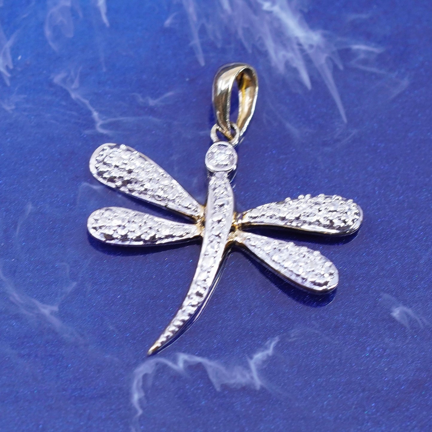 Vintage vermeil gold over Sterling silver 925 dragonfly pendant genuine diamond