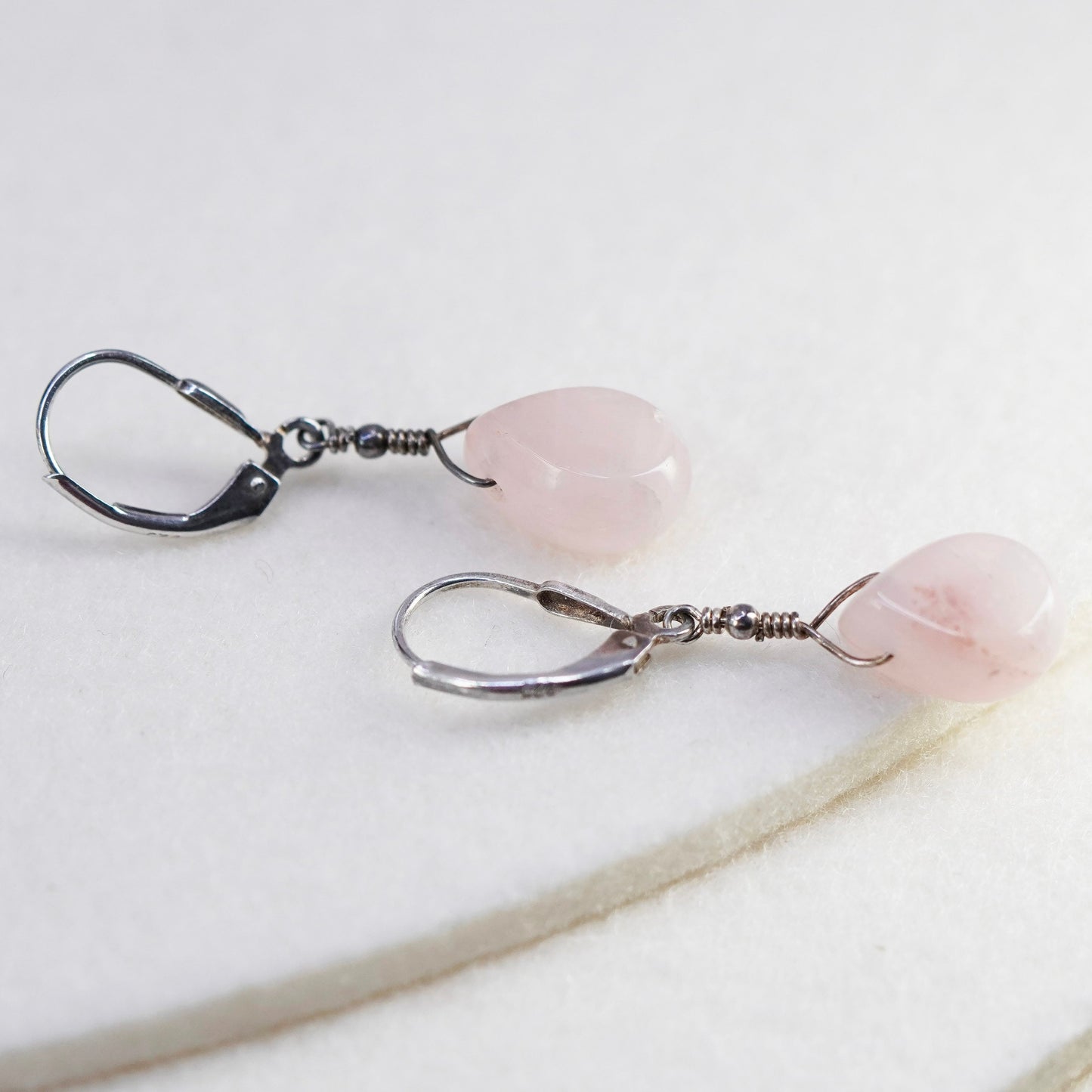 Vintage Sterling 925 silver handmade earrings with teardrop pink rose quartz