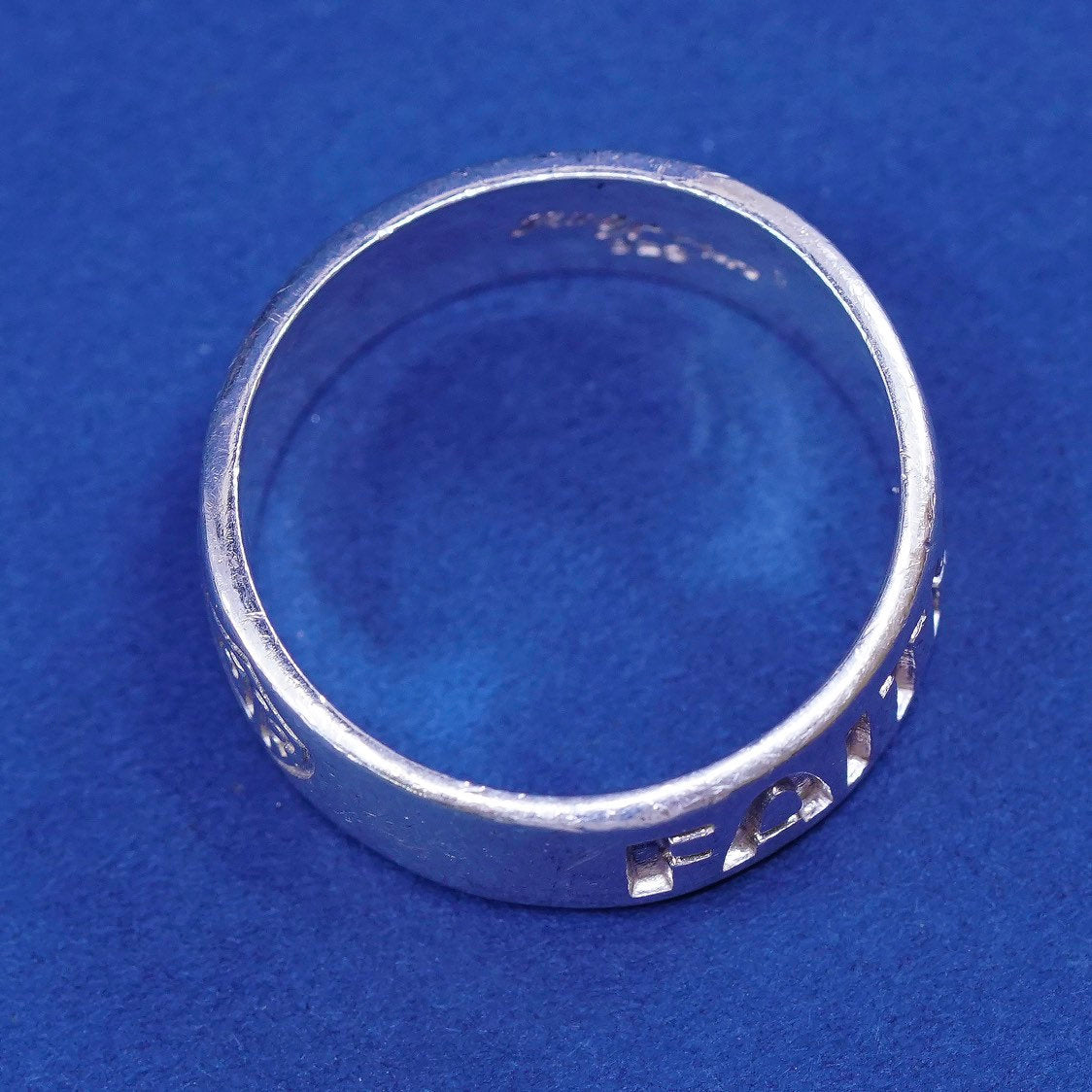 sz 9, vtg Ringmaster sterling silver handmade ring, 925 band w/ faith courage
