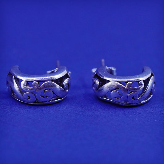 0.5”, Vintage Sterling silver handmade earrings, 925 Huggie studs with filigree