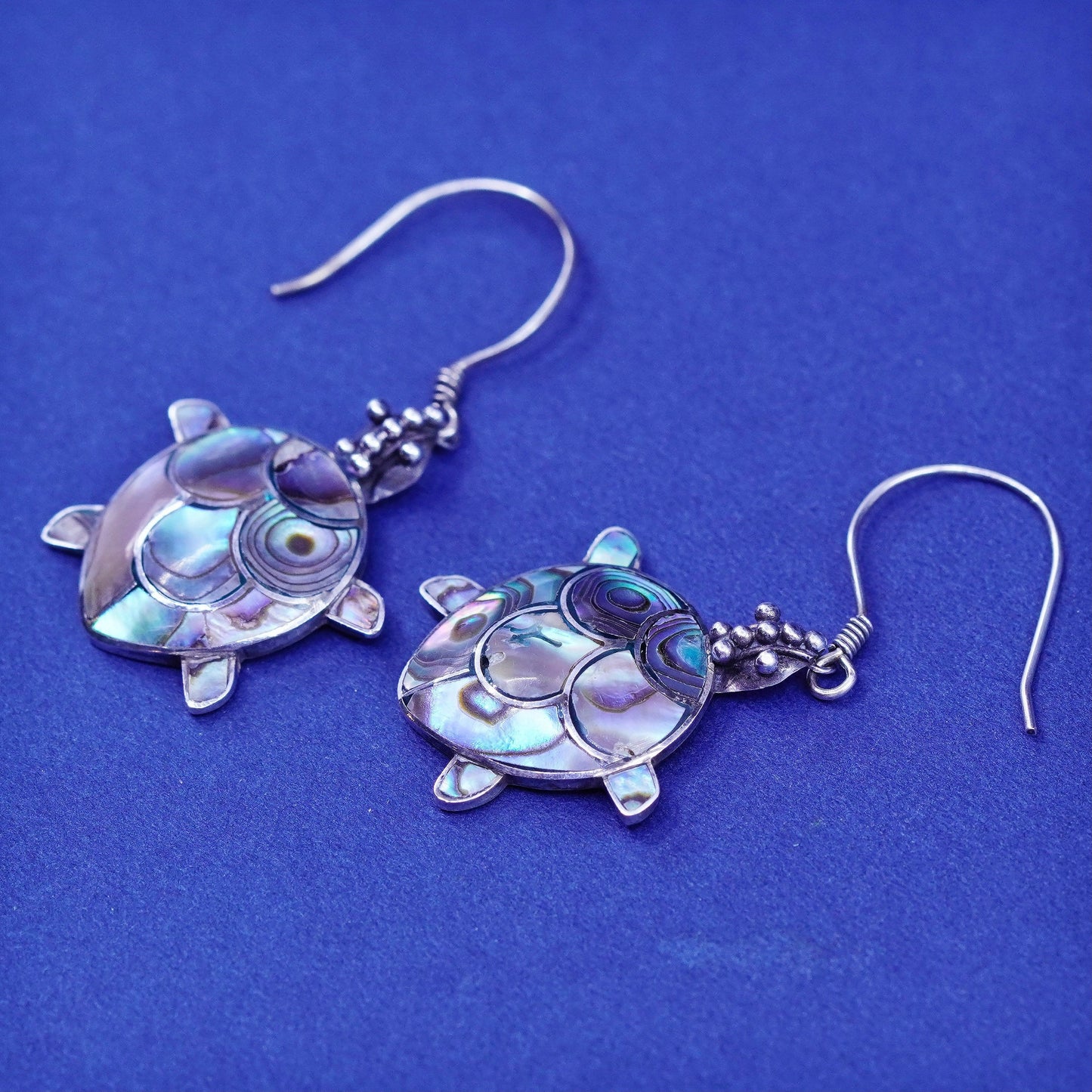 Vintage Sterling silver handmade earrings, 925 turtle drops with abalone