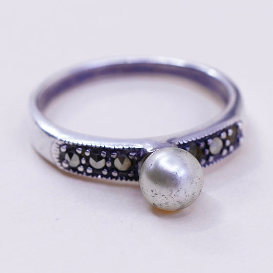 Size 8, vintage sterling 925 silver handmade stackable ring pearl marcasite
